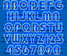 Blue neon alphabet with numbers vector 02