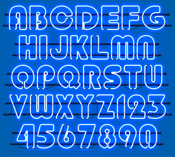 Blue neon alphabet with numbers vector 02