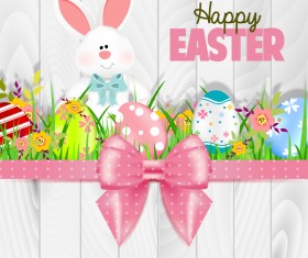Bunny with easter card template and ribbon bow vector 01
