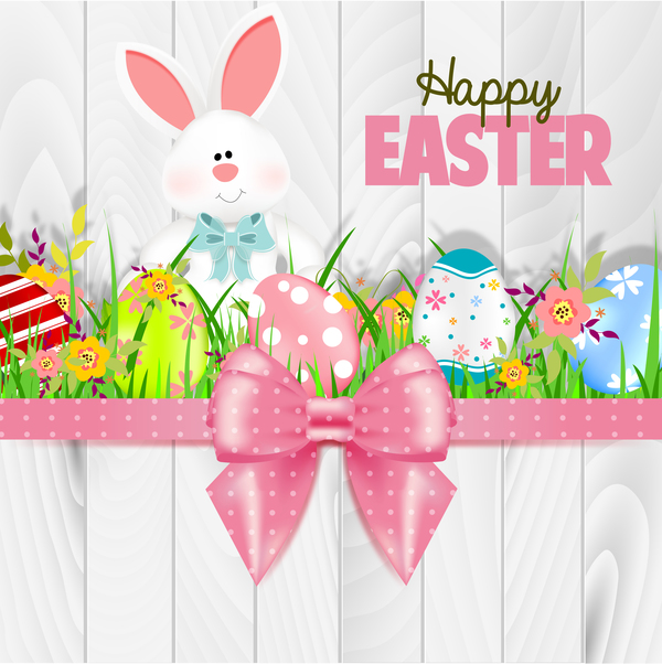Bunny with easter card template and ribbon bow vector 01