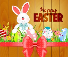 Bunny with easter card template and ribbon bow vector 02