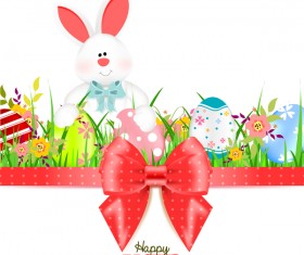 Bunny with easter card template and ribbon bow vector 03