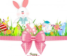 Bunny with easter card template and ribbon bow vector 04
