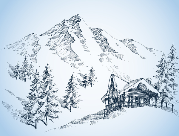 Cabin with snow mountains landscape sketch vector