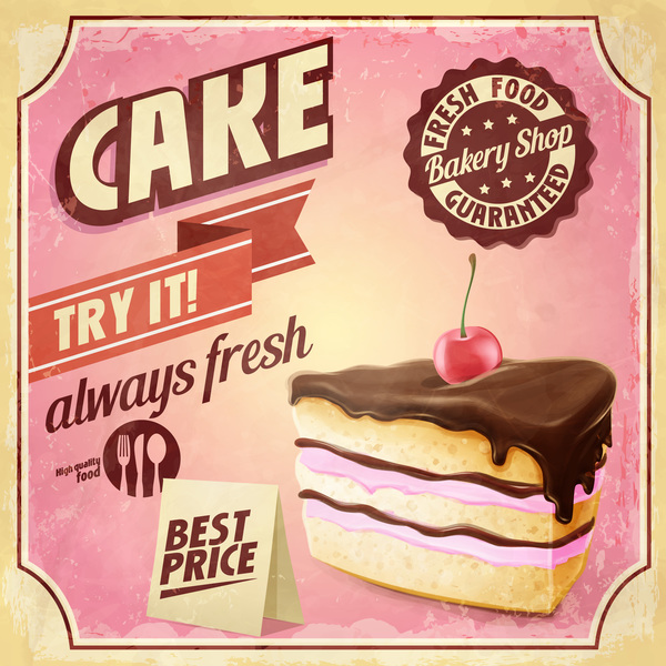 Cake bakery shop retro poster vector 01