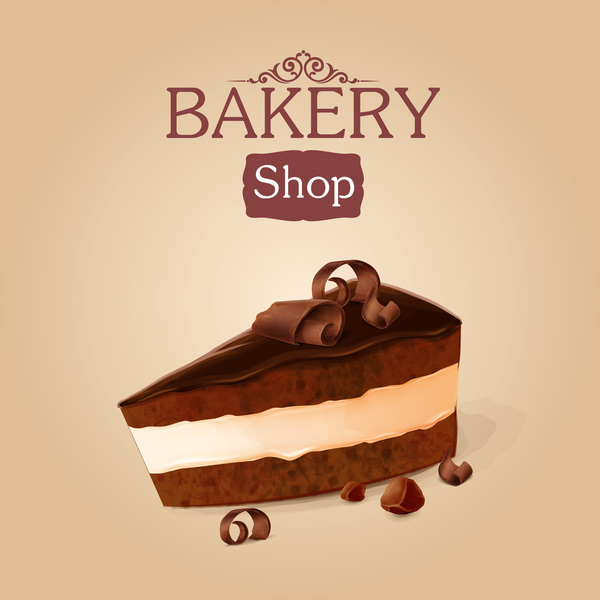 Chocolate cake with bakery shop background vector 01