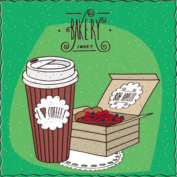 Berry pie in carton box and coffee in paper cup vector