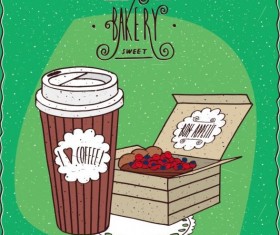 Coffee in paper cup and berry pie in carton box vector
