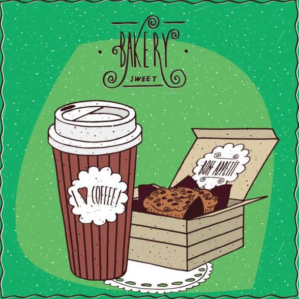 Coffee in paper cup and cake in carton box vector