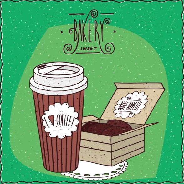 Coffee in paper cup and chocolate cookies in box vector