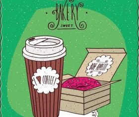 Coffee in paper cup and donut with pink icing vector