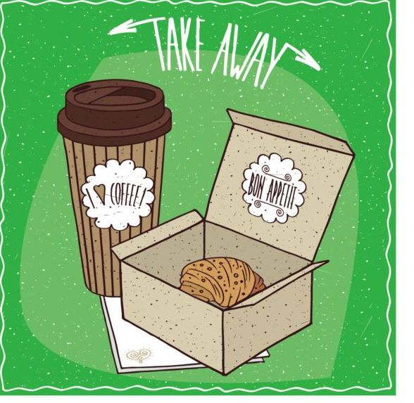 Croissant in carton box and coffee in paper cup vector