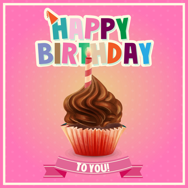 Cupcake with happy birthday pink card vector