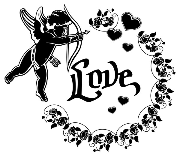 Cupid with valentine decorative silhouettes vector 04