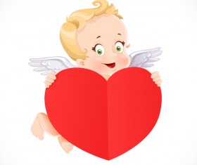 Cute Cupid with big valentine heart shaped red paper vector