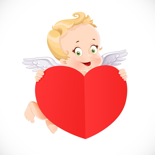 Cute Cupid with big valentine heart shaped red paper vector