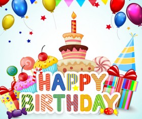 Cute birthday cake with birthday card vector 01