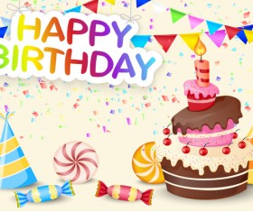 Cute birthday cake with birthday card vector 02