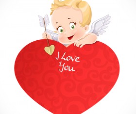 Cute cupid with big red heart and valentine card vector
