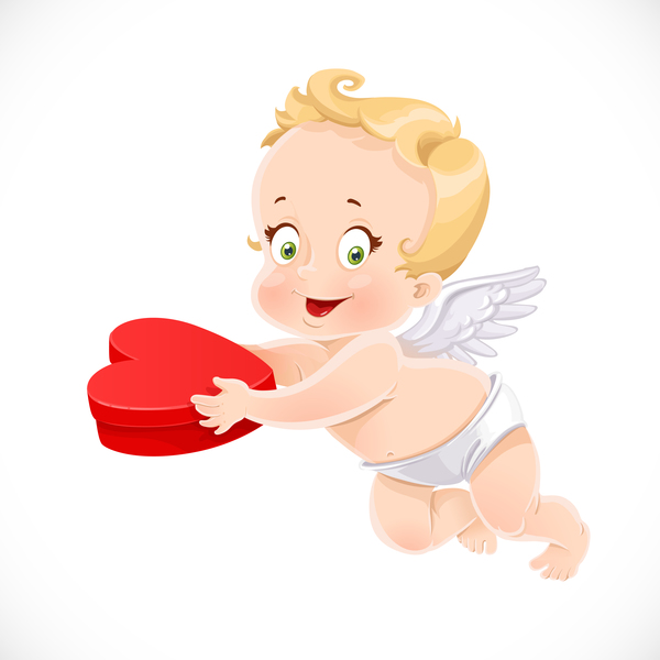Cute cupid with heart gift box vector