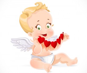 Cute cupid with red paper hearts and white background vector