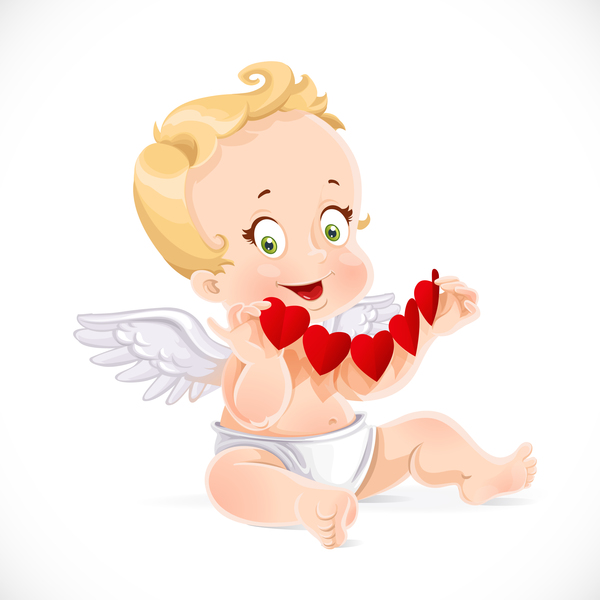 Cute cupid with red paper hearts and white background vector
