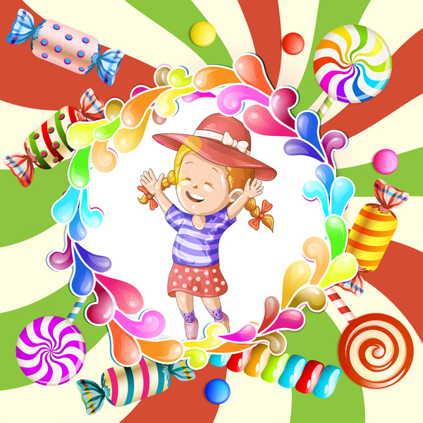 Cute kids with cake and candies vector material 02