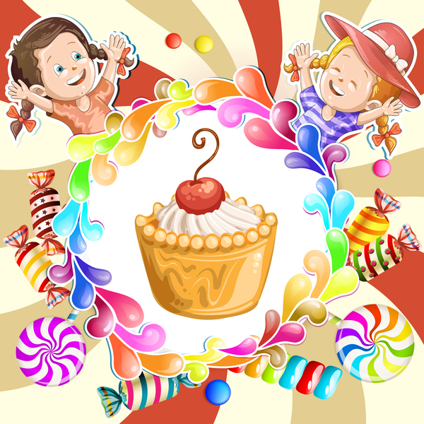 Cute kids with cake and candies vector material 03