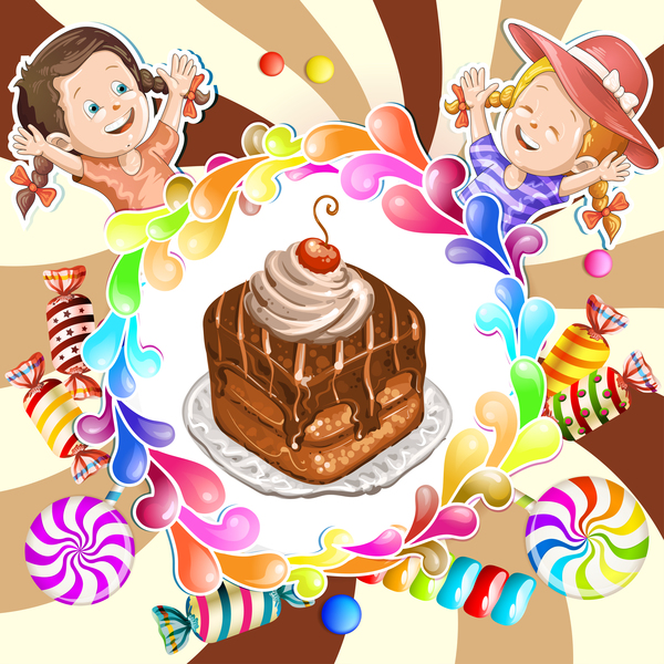 Cute kids with cake and candies vector material 04