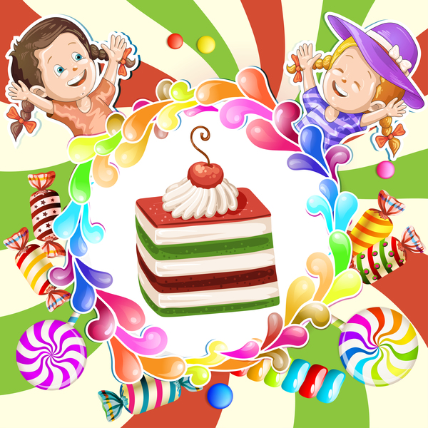 Cute kids with cake and candies vector material 05