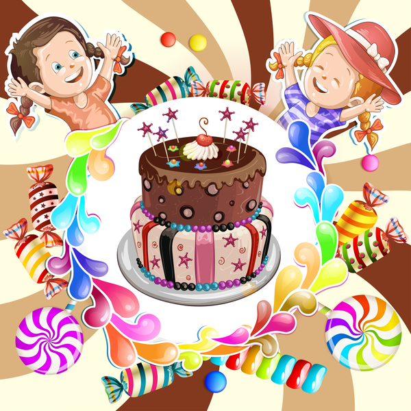 Cute kids with cake and candies vector material 06