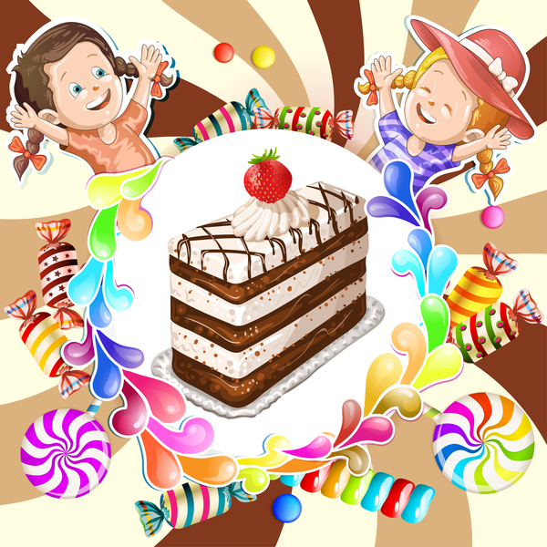 Cute kids with cake and candies vector material 07