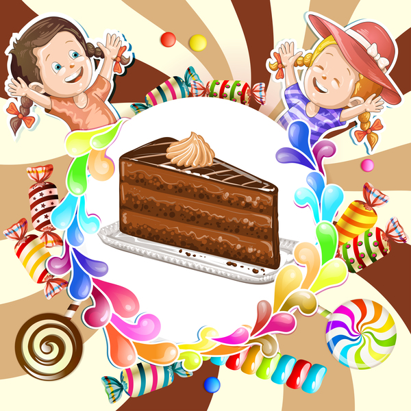 Cute kids with cake and candies vector material 08