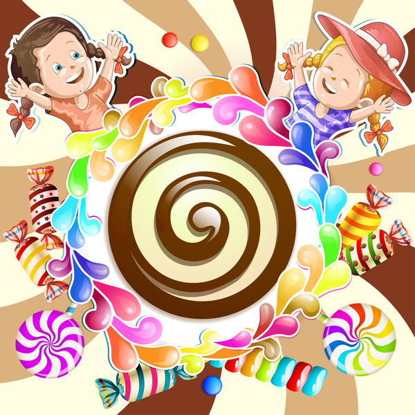 Cute kids with cake and candies vector material 09