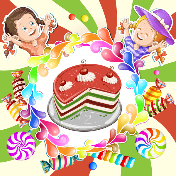 Cute kids with cake and candies vector material 10