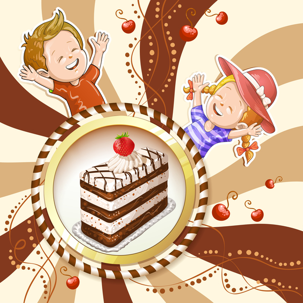 Cute kids with cake and candies vector material 12