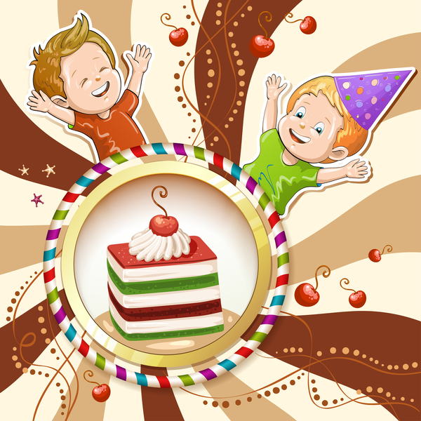 Cute kids with cake and candies vector material 14
