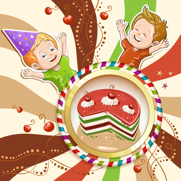 Cute kids with cake and candies vector material 15