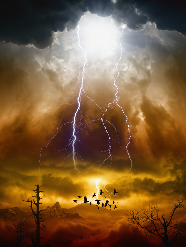 Dark clouds of lightning birds Stock Photo