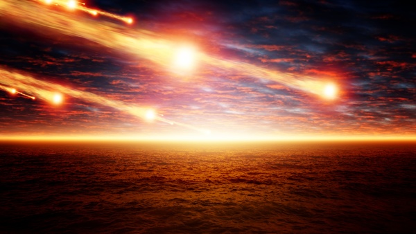 Dark red sky with a fire meteor Stock Photo