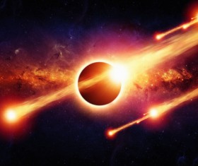 Dark red sky with fire meteor and planet Stock Photo