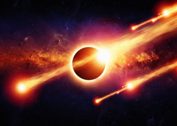 Dark red sky with fire meteor and planet Stock Photo