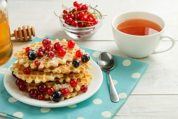 Delicious fruit waffles Stock Photo