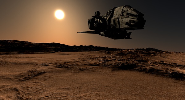 Desolate planet and spacecraft Stock Photo