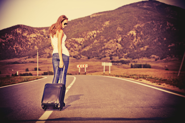 Fashion girl on the road with luggage bag HD picture free download