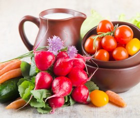 Fresh vegetables with milk Stock Photo