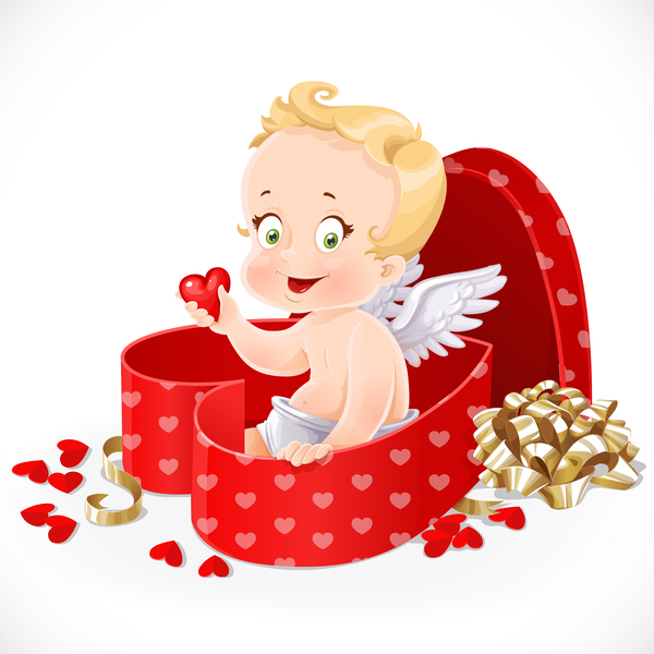Gift box heart shape with cute cupid vector