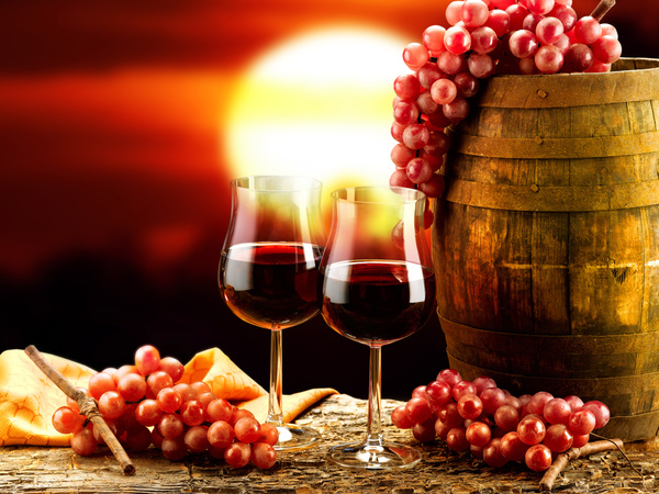 Glasses of wine and delicious grapes Stock Photo 01