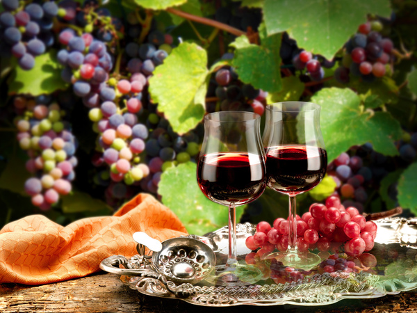 Glasses of wine and delicious grapes Stock Photo 04