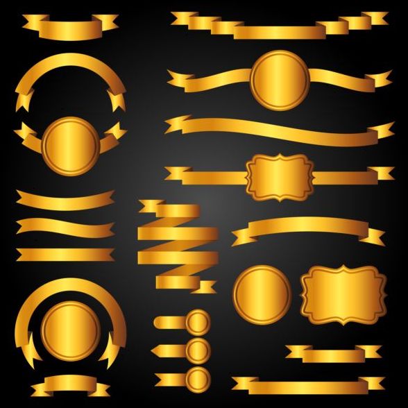 Golden ribbon banners with labels vector 02